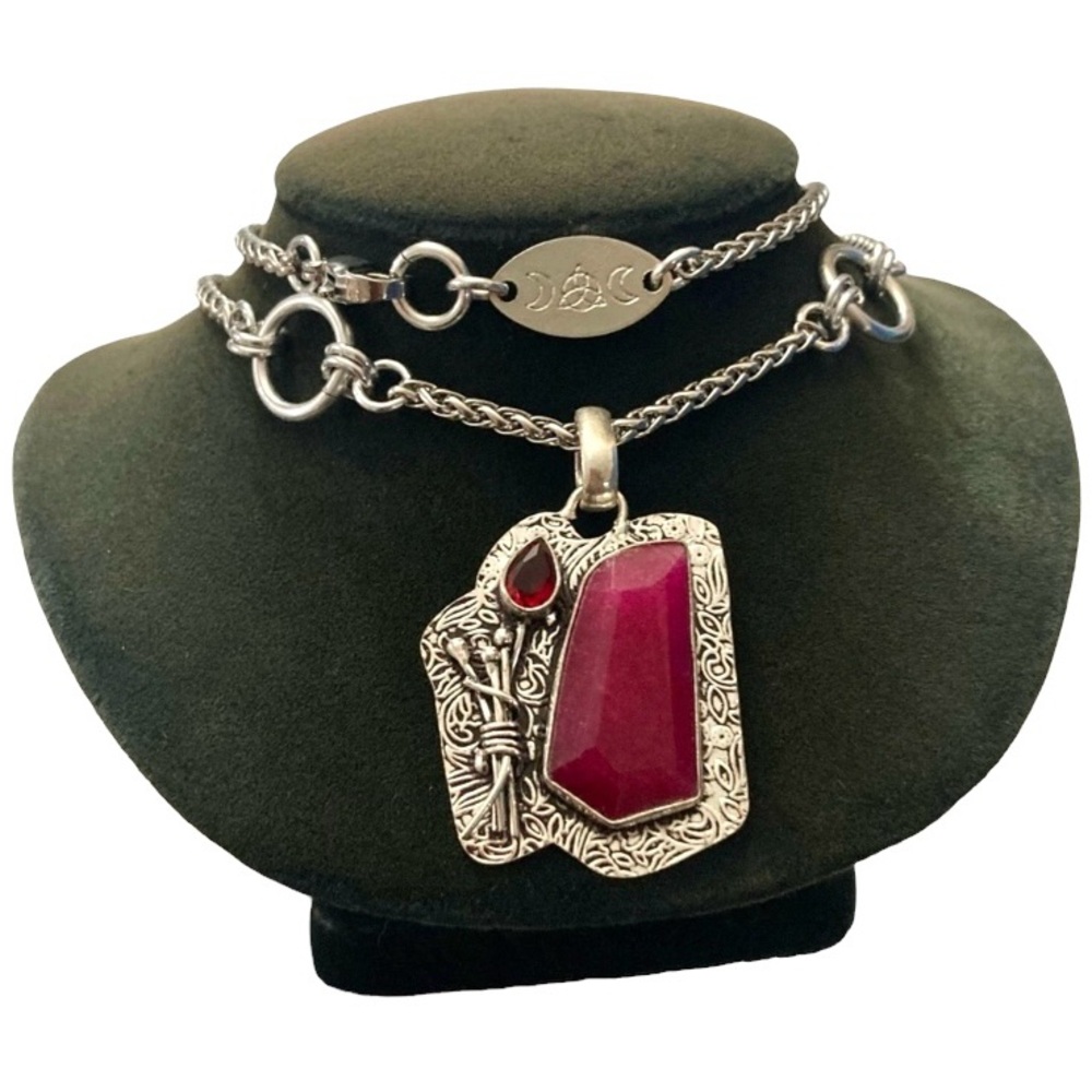 Genuine Garnet & pink Indian ruby gemstones boho charm silver necklace